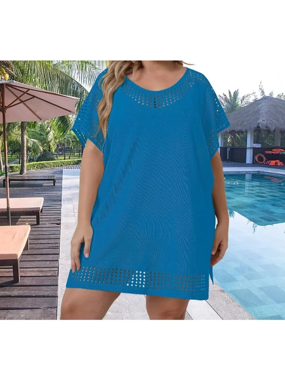 Women's Z Blue One Size Polyester Crochet Summer Swimsuit Coverup Dress